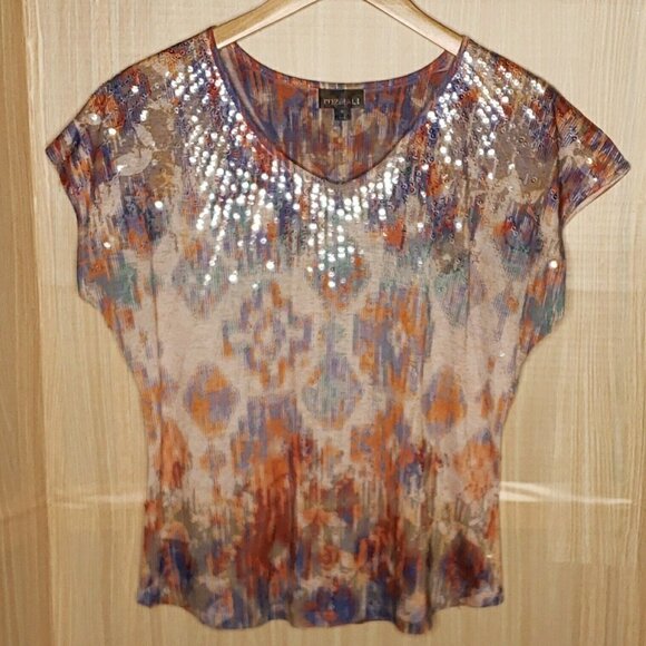 Roz & Ali Womens Linen Blend Aztec Print Top With Sequin Front Detail Small - Picture 1 of 6